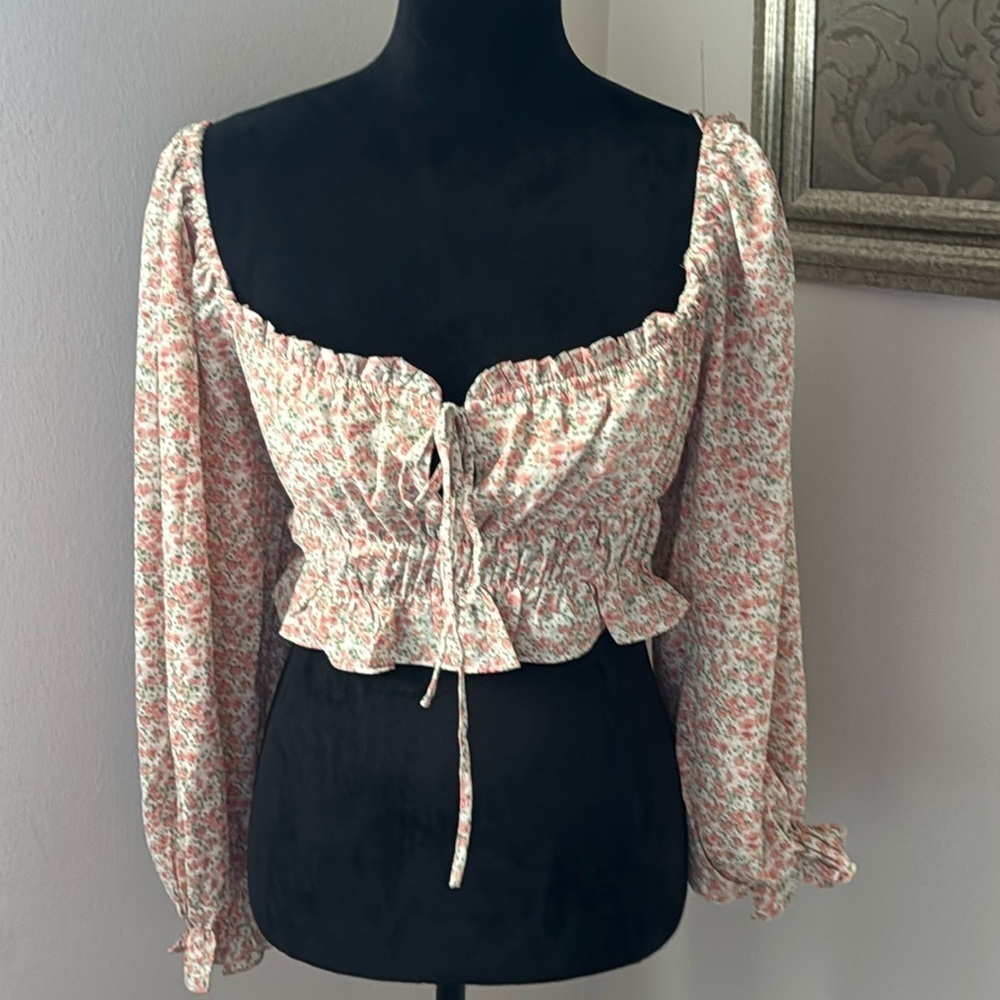 Mable‎ Floral print bubble sleeves Crop top peasant cottage Boho blouse Sz M